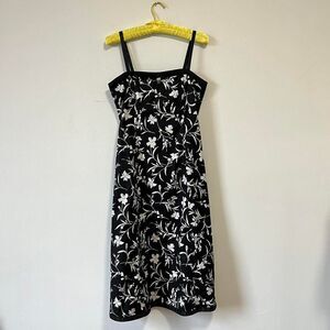 Vintage 90s Y2K Black White Floral Boned Tank Midi Dress A Line Bow Ribbon 12